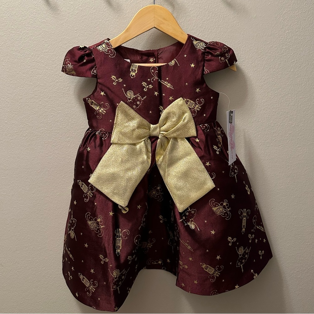 Toddler Girl’s Burgundy Dress with Gold Bow
